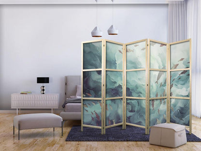 Japanese Room Divider - Escaping Fish - Very Fast Swimming Fish in Muted Colors Among Ocean Depths