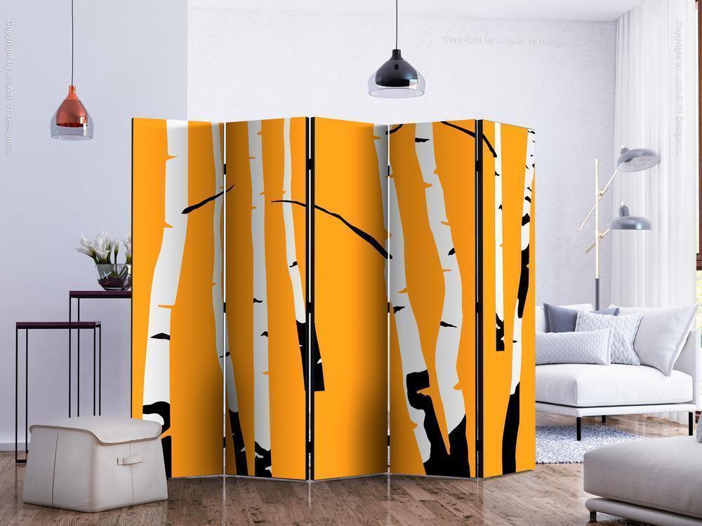 Decorative partition-Room Divider - Birches on the orange background II-Folding Screen Wall Panel by ArtfulPrivacy