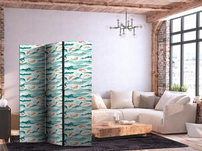 Room Divider - Fish Leaping Above the Waves - Oriental Fish and Water Lilies Among High Waves in Sea Green Colors