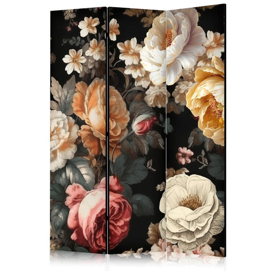 Room Divider - Floristry in Vintage Style - a Plethora of Colorful Flowers on a Black Background