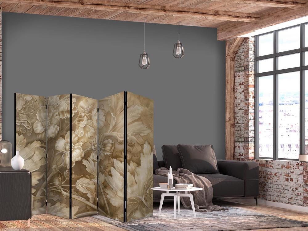 Room Divider - Carved Floral Ornaments in Soft Sepia and Brown Tones- A 5 Panel Folding Screen For Living rooms, bedrooms or home office, decorative folding screen made with wood and canvas