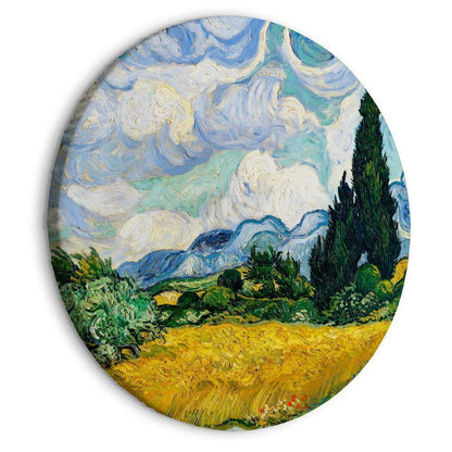 Circle shape wall decoration with printed design - Round Canvas Print - Vincent Van Gogh - A Landscape With a Yellow Field of Chrysanthemum and a Cypress Tree - ArtfulPrivacy