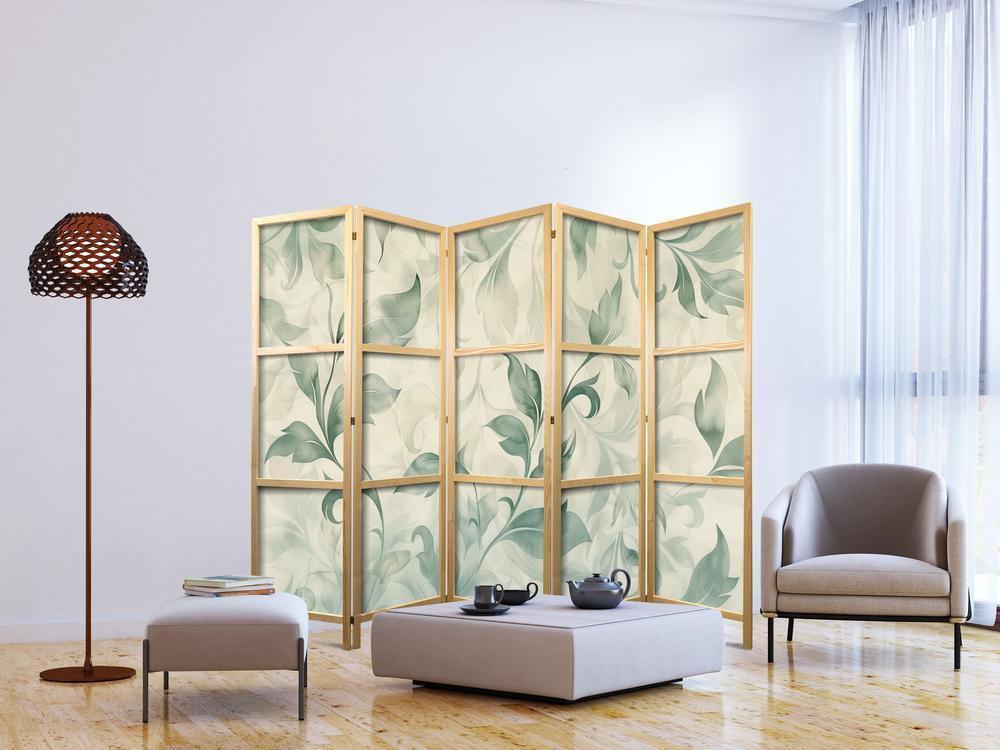 Japanese Room Divider - Watercolor Botanical Motif - Delicate Green-Beige Leaves