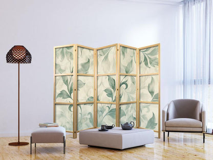 Japanese Room Divider - Watercolor Botanical Motif - Delicate Green-Beige Leaves