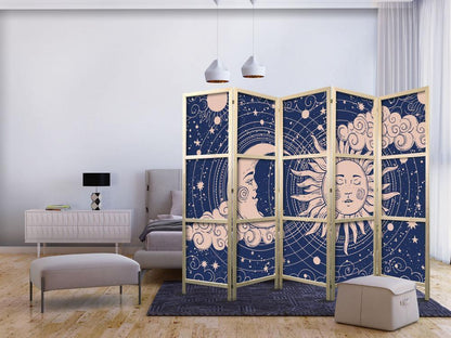 Japanese Room Divider - Cosmic Harmony - Illustration of the Sun and Moon on a Navy Background