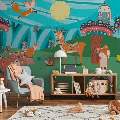 Wall Mural - Adventures in the forest - forest animals in an Indian theme for children