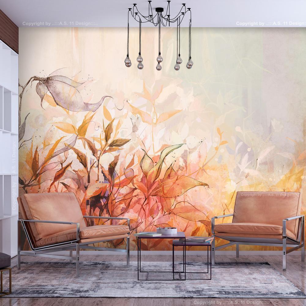 Wall Mural - Flaming meadow - nature landscape with meadow of flowers and leaves in watercolour style-Wall Murals-ArtfulPrivacy
