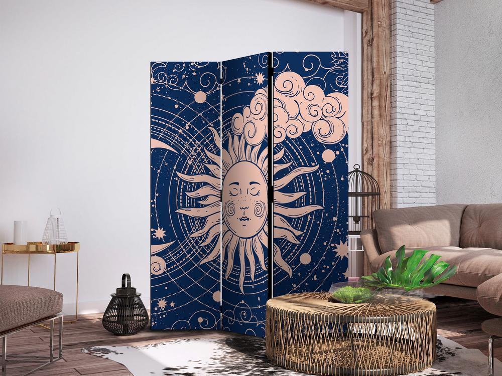 Room Divider - Cosmic Harmony - Illustration of the Sun and Moon on a Navy Background