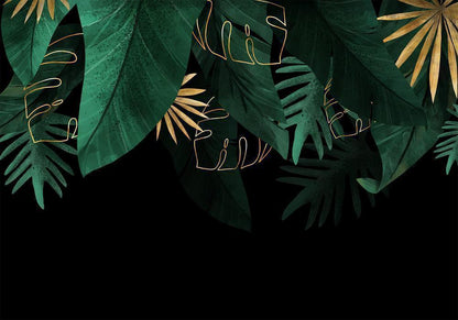 Wall Mural - Jungle and composition - motif of green and golden leaves on a black background-Wall Murals-ArtfulPrivacy