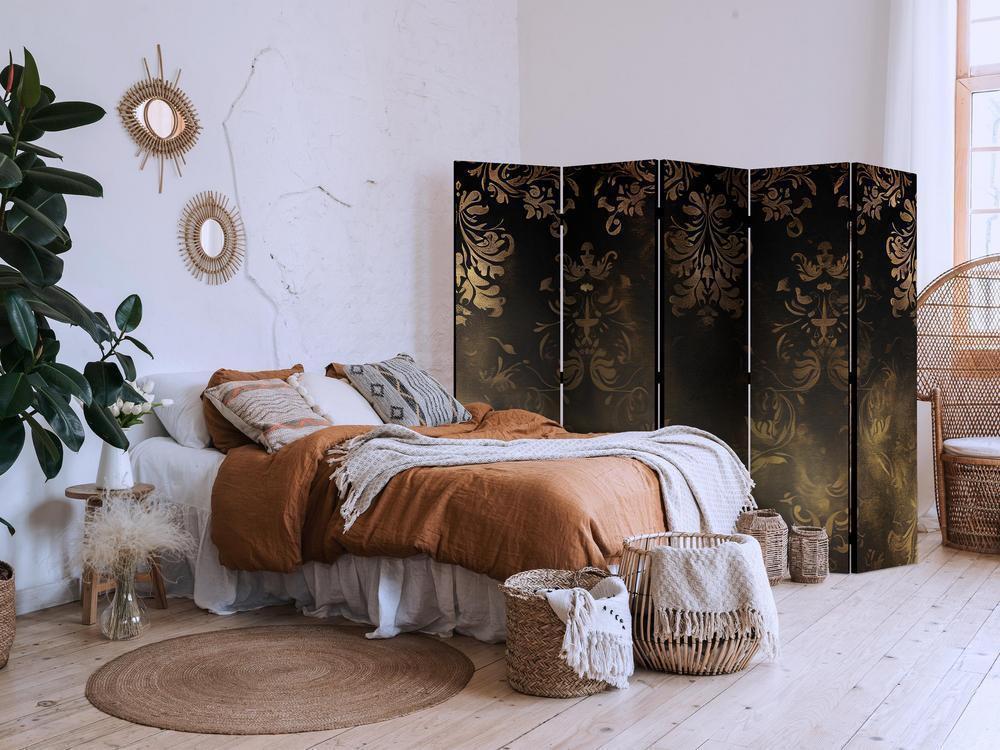 Room Divider - Baroque Ornaments in Patinated Gold and Bronze - Retro Motif- A 5 Panel Folding Screen For Living rooms, bedrooms or home office, decorative folding screen made with wood and canvas