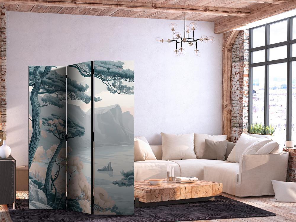 Room Divider - Mountainous Coast with Trees and Rocks - in Light Pastel Blues