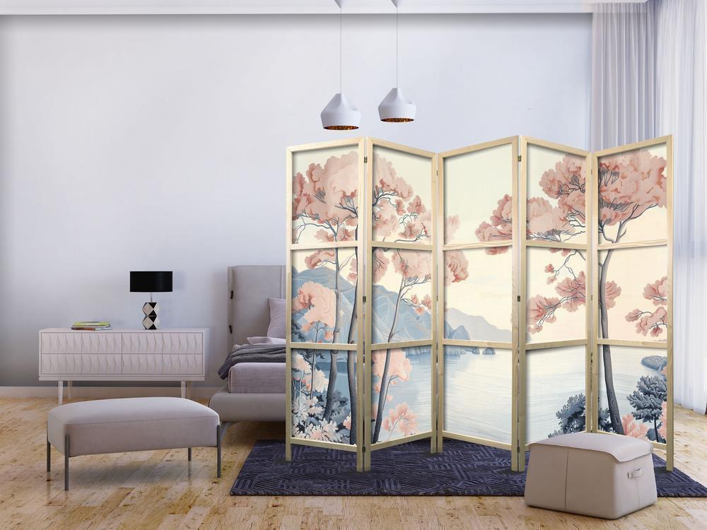 Japanese Room Divider - Landscape with the Ocean - Cliffs - and Trees in Delicate Pink Shades