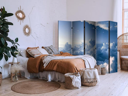 Room Divider - Aerial Landscapes: Rays Illuminating Fluffy Cloud Formations- A 5 Panel Folding Screen For Living rooms, bedrooms or home office, decorative folding screen made with wood and canvas