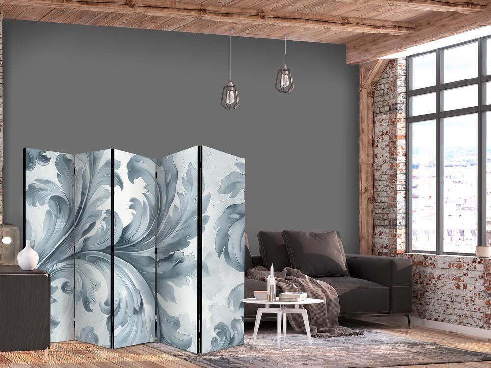 Room Divider - Stone Baroque Ornaments in Light Shades of Gray and Blue- A 5 Panel Folding Screen For Living rooms, bedrooms or home office, decorative folding screen made with wood and canvas