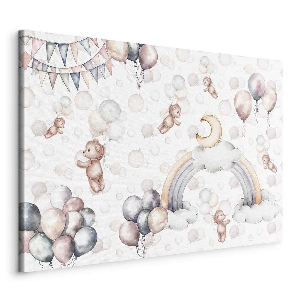 Impression sur toile - Oursons en peluche avec ballons - Oursons en peluche volants parmi des ballons Nuages ​​et arcs-en-ciel dans des teintes pastel subtiles