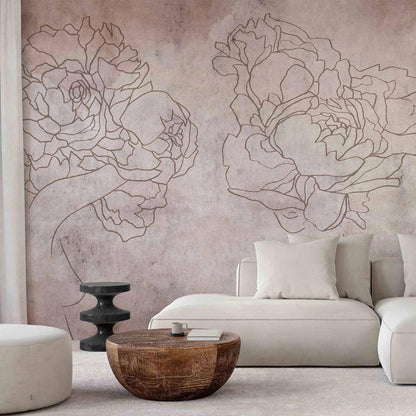 Wall Mural - Floristic abstraction - lineart style silhouettes of people with flowers