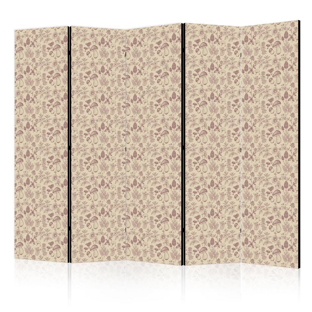 Room Divider - Beige Nature of the Forest - Mushrooms Flowers and Herbs on a Light Background- A 5 Panel Folding Screen For Living rooms, bedrooms or home office, decorative folding screen made with wood and canvas