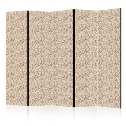 Room Divider - Beige Nature of the Forest - Mushrooms Flowers and Herbs on a Light Background- A 5 Panel Folding Screen For Living rooms, bedrooms or home office, decorative folding screen made with wood and canvas