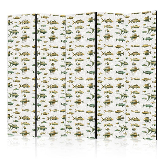 Room Divider - Unusual Species of Fish - a Cluster of Fish in Muted Colors in Retro Style Against a Background of Beige Streaks- A 5 Panel Folding Screen For Living rooms, bedrooms or home office, decorative folding screen made with wood and canvas