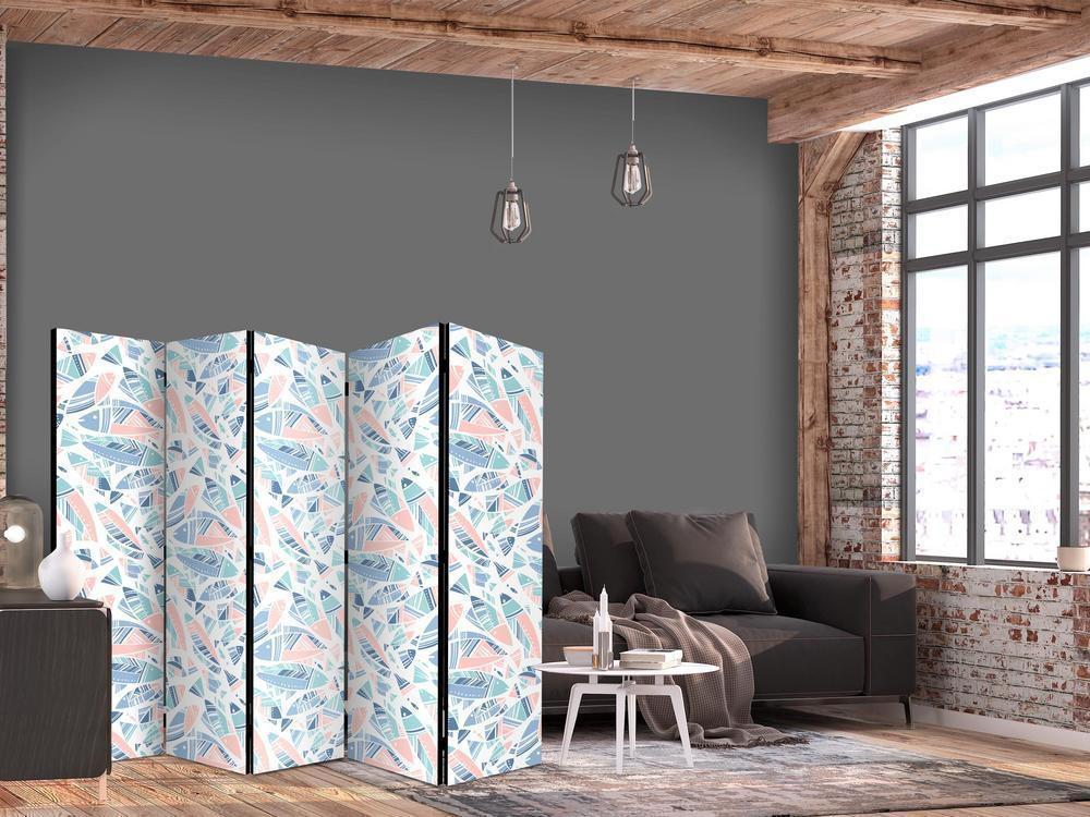 Room Divider - Fish in Minimalist Style - Fish in Aztec Style in Pastel Color Tones on a White Background- A 5 Panel Folding Screen For Living rooms, bedrooms or home office, decorative folding screen made with wood and canvas