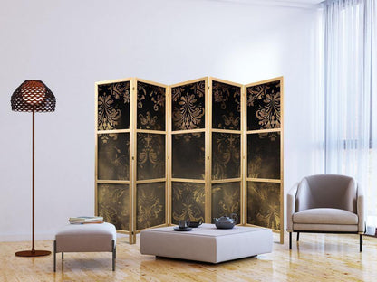 Japanese Room Divider - Floral Ornaments Carved in Delicate Sepia and Brown Shades