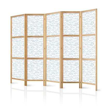 Japanese Room Divider - Blue Fish - Blue Outlines of Various Species of Fish on a White-Blue Background