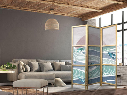 Japanese Room Divider - Koi Fish Among Waves - Japanese Fish Amidst Waves in Shades of Turquoise and White