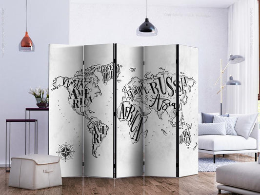 Decorative partition-Room Divider - Retro Continents (Grey) II-Folding Screen Wall Panel by ArtfulPrivacy