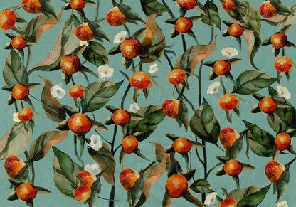 Wall Mural - Orange grove - plant motif with fruit and leaves on a blue background-Wall Murals-ArtfulPrivacy