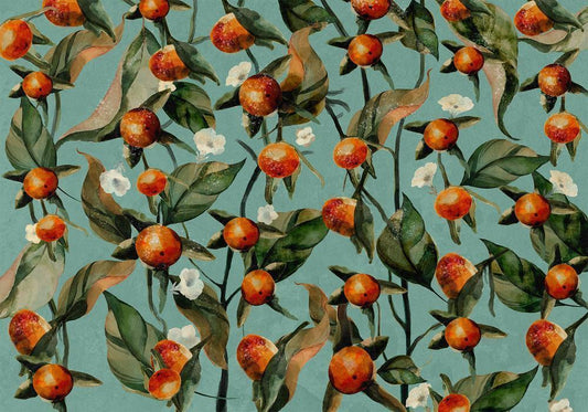 Wall Mural - Orange grove - plant motif with fruit and leaves on a blue background-Wall Murals-ArtfulPrivacy