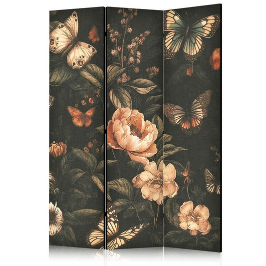 Room Divider - Mysterious Garden - Butterflies Flying Over Flowers - Rustic Evening