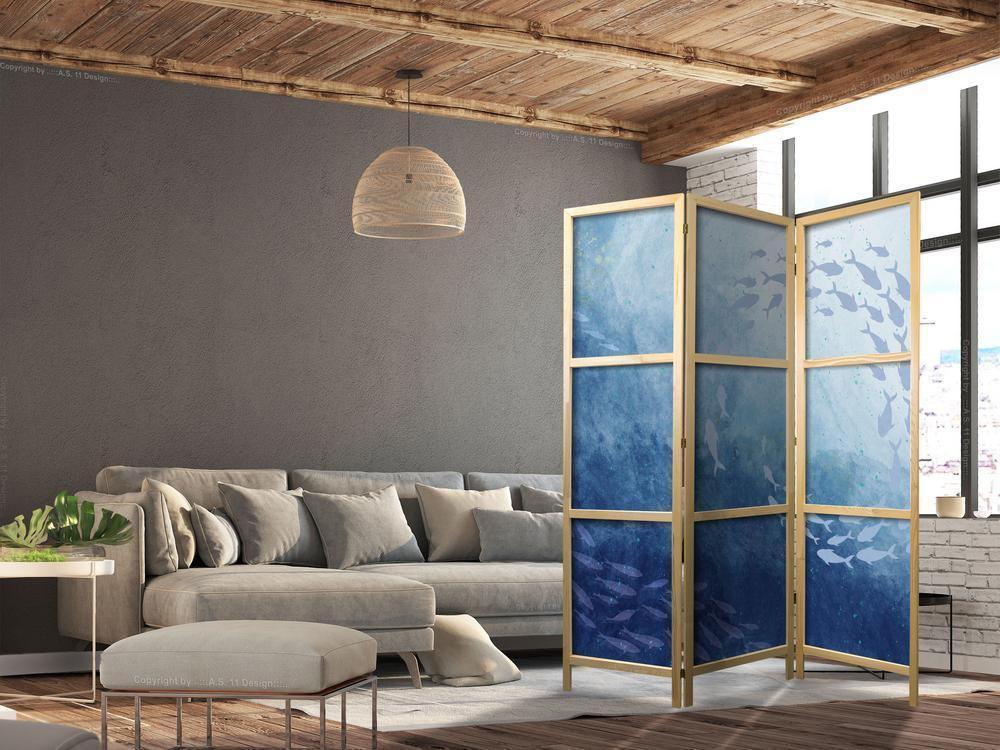 Japanese Room Divider - Schools of Fish - Luminous Clusters of Fish in Blue Among Ocean Depths