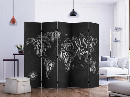 Decorative partition-Room Divider - Retro Continents (Black) II-Folding Screen Wall Panel by ArtfulPrivacy