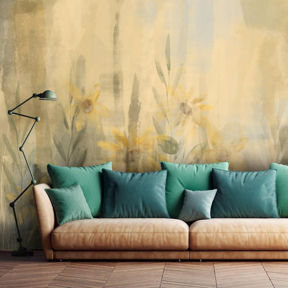 Wall Mural - A touch of summer - floral motif with a meadow full of yellow flowers and grasses-Wall Murals-ArtfulPrivacy
