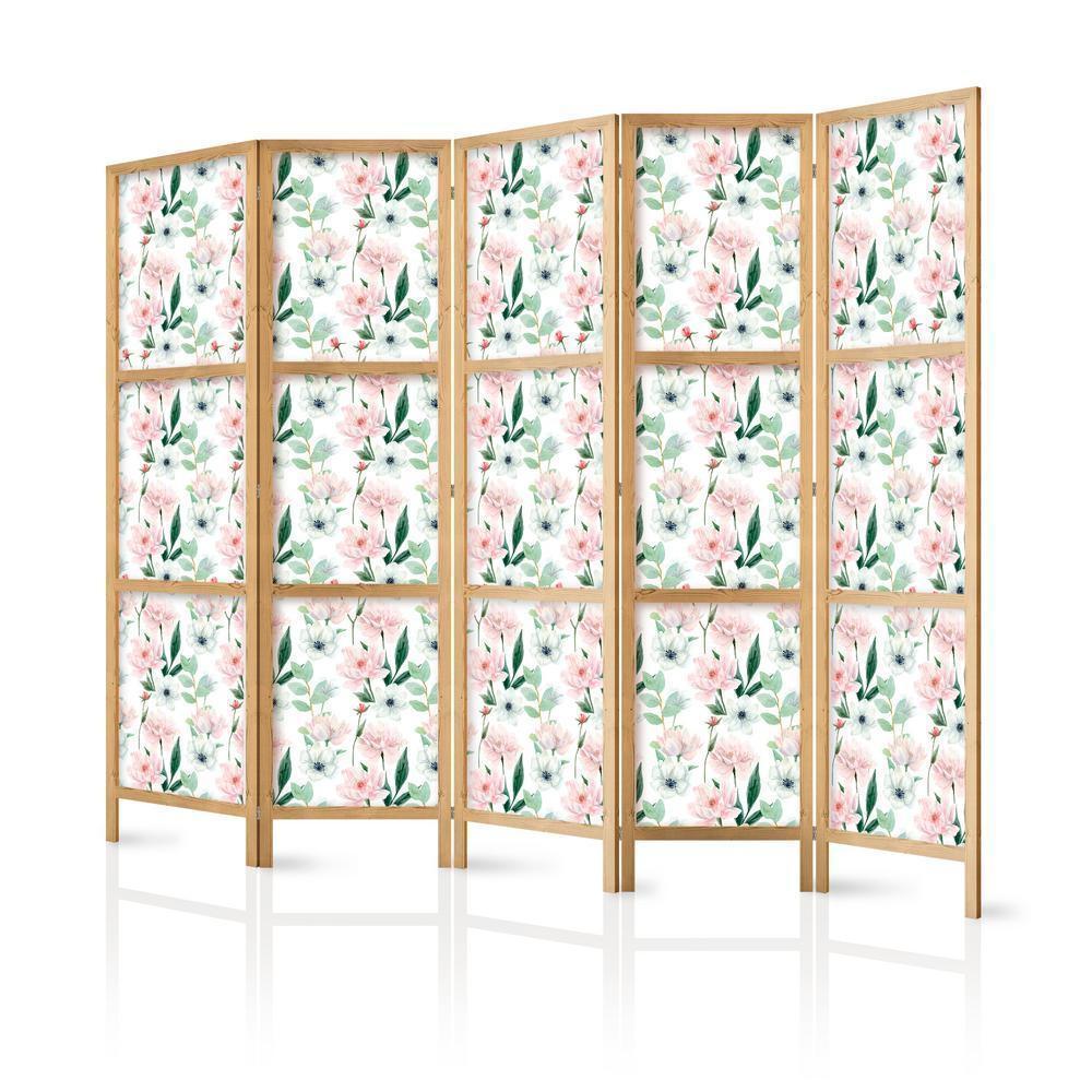 Japanese Room Divider - Peonies - Pink and White Flowers and Green Leaves on a White Background