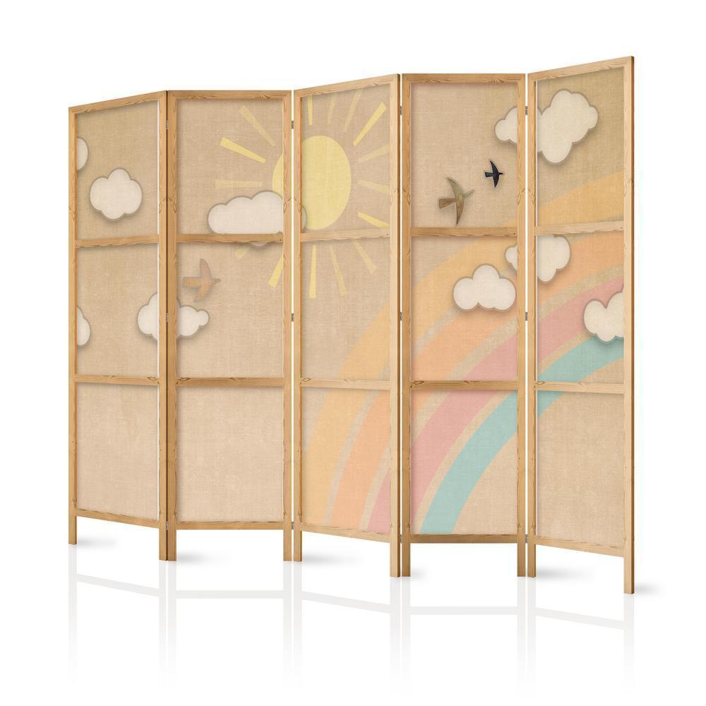 Japanese Room Divider - Holiday Sky - A rainbow on a sunny day and flying birds