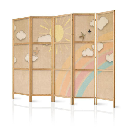 Japanese Room Divider - Holiday Sky - A rainbow on a sunny day and flying birds