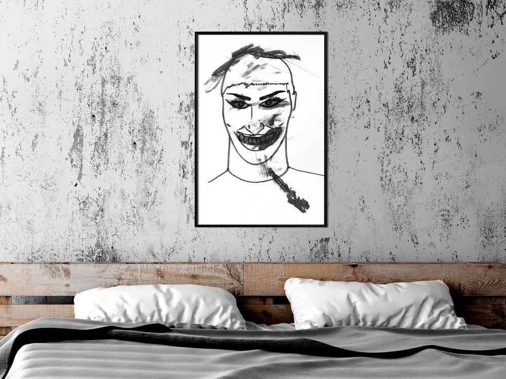 Black and White Framed Poster - Scary Clown-artwork for wall with acrylic glass protection