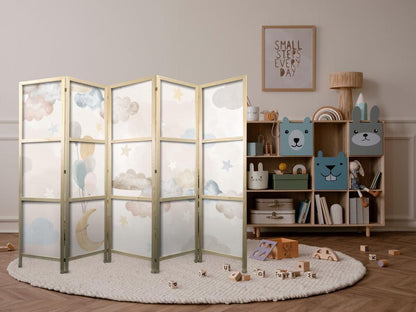 Japanese Room Divider - Fairy-Tale Moon - Moon with balloons among clouds and stars in subdued colors on a light beige background