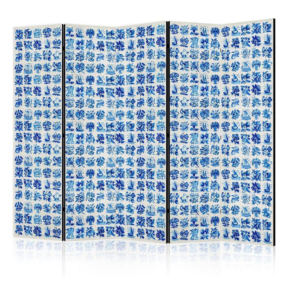 Room Divider - Ceramic Tiles - Traditional Portuguese Blue Tiles Azulejos- A 5 Panel Folding Screen For Living rooms, bedrooms or home office, decorative folding screen made with wood and canvas