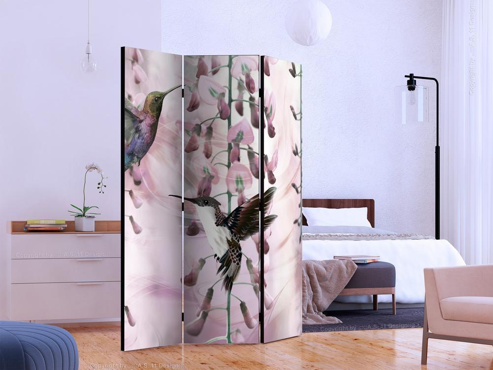 Decorative partition-Room Divider - Flying Hummingbirds (Pink)-Folding Screen Wall Panel by ArtfulPrivacy