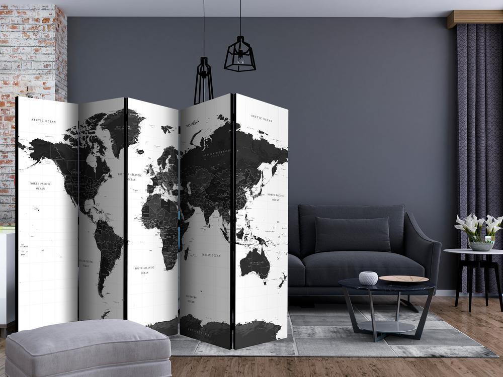 Room Divider - Black and White Map II- A 5 Panel Folding Screen For Living rooms, bedrooms or home office, decorative folding screen made with wood and canvas