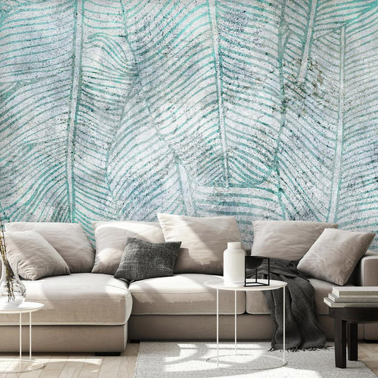 Wall Mural - Banana leaves - plant motif blue lineart nature with pattern-Wall Murals-ArtfulPrivacy
