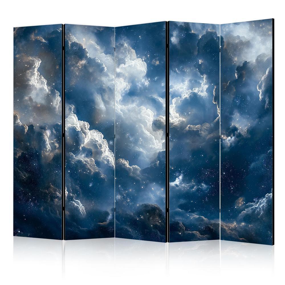 Room Divider - Astronomical Wonders: Clouds and Stars in Harmonious Combination- A 5 Panel Folding Screen For Living rooms, bedrooms or home office, decorative folding screen made with wood and canvas