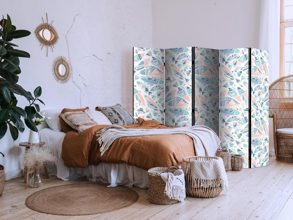 Room Divider - Fish in Minimalist Style - Fish in Aztec Style in Pastel Color Tones on a White Background- A 5 Panel Folding Screen For Living rooms, bedrooms or home office, decorative folding screen made with wood and canvas