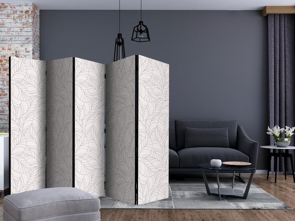 Room Divider - Colourless Leaves II- A 5 Panel Folding Screen For Living rooms, bedrooms or home office, decorative folding screen made with wood and canvas