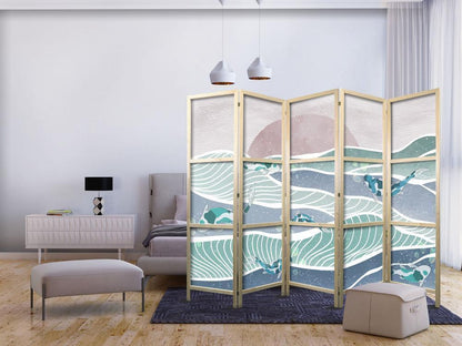 Japanese Room Divider - Koi Fish Among Waves - Japanese Fish Among Waves in Shades of Turquoise and White