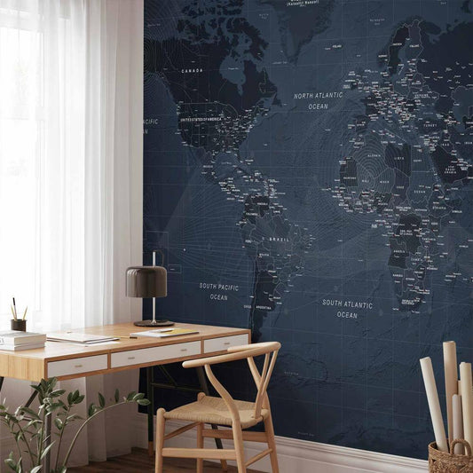 Wall Mural - World map in blue - continents with inscriptions in English