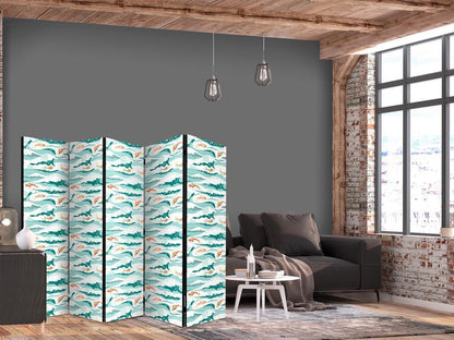 Room Divider - Fish Jumping Above The Waves - Oriental Fish And Water Lilies Among High Waves in Shades of Sea Green- A 5 Panel Folding Screen For Living rooms, bedrooms or home office, decorative folding screen made with wood and canvas