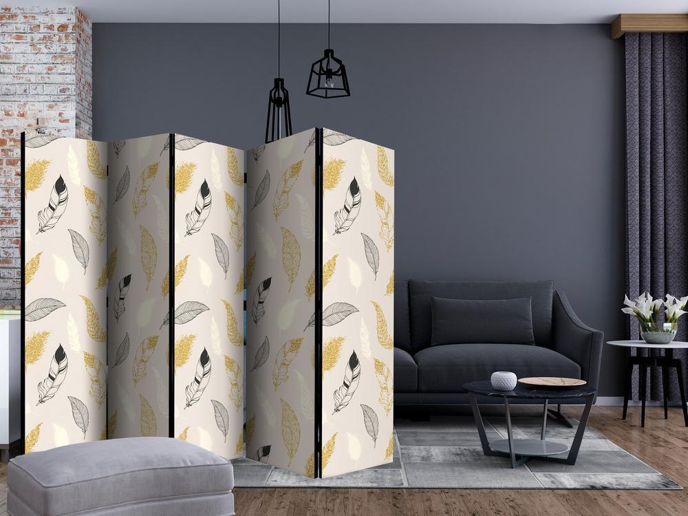 Room Divider - Golden Feathers II- A 5 Panel Folding Screen For Living rooms, bedrooms or home office, decorative folding screen made with wood and canvas